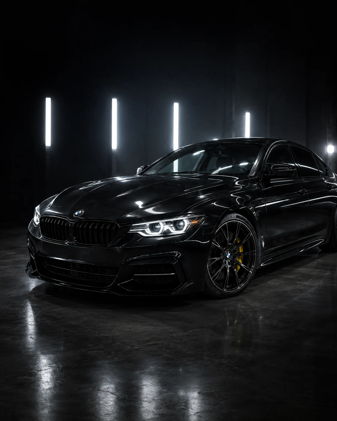 Czarne BMW w tunelu świetlnym po korekcie lakieru